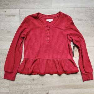 Frye And Co Red Waffle Knit Peplum Top Womens Medium Long Sleeve